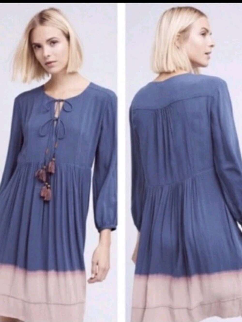 Anthropologie Holding Horses Women's Blue Drop-Waist Tie-Front Long Sleeve Dress